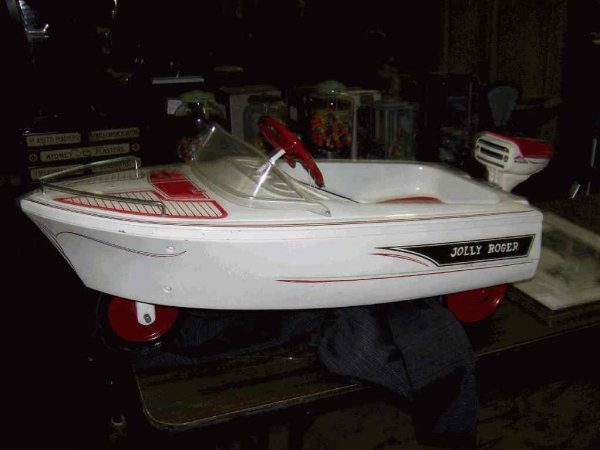 Murray Jolly Roger Pedal Boat with Motor: Totally professionally restored boat. Murray Cleve O USA. Windshield has no cracks. Nice set of full decals. Motor is wired, but untested, missing the bow light.