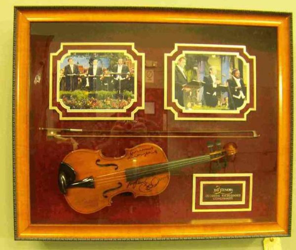 Three Tenors Signed Violin: In display with photos of the singers. Measures 38 inches wide and 29 inches tall