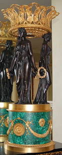 Pair of Three Graces Bronze Urns: Fauz Malachite surrounds the bases from Chateau Montagel