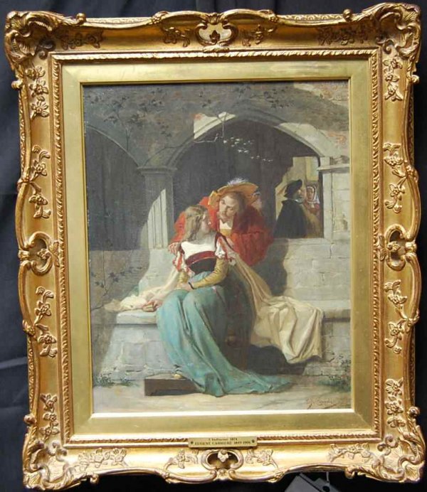 Eugene A. Carriere ' The Indescretion' Painting: Oil on canvas dated 1874. Placard on front with title and date. Listed French artist ( 1849- 1906) with sales up to 57,000usd. Measurements are: 13 inches wide and 16 inches tall, please add 3 inches 