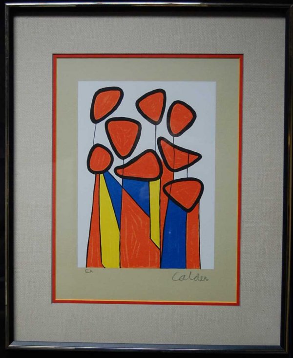 Alexandre Calder Lithograph: Entitled Stabilies, signed and marked EA exclusivly for the artist, 12"w, 16"tall plus 3"frame & matt, with COA