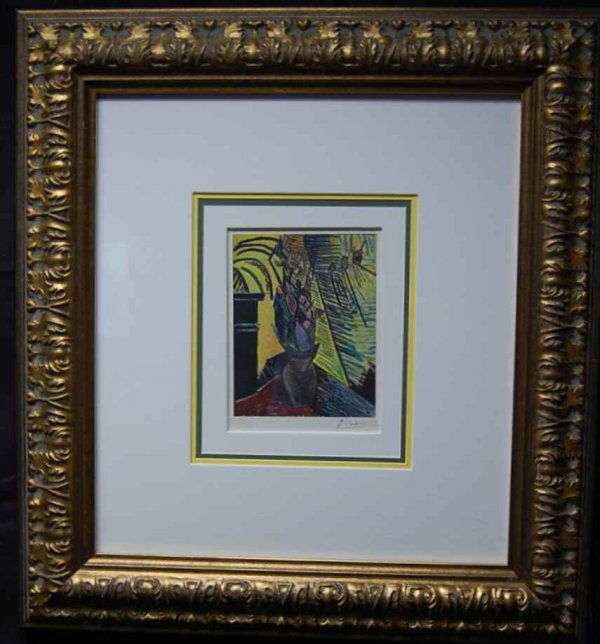Pablo Picasso Signed Color Print: Listed artist 1881-1973, copyright in Paris in 1946, with COA, consignor paid $5000 USD, 7"w, 9"tall, plus 9" frame and matt