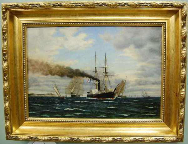 Ships in Channel Painting by Marie Edouard Adam: Dated 1883 and signed in the lower left. Original oil on canvas by French listed artist(1849-1929) with sales up to $18,000usd. Measures: 20 inches wide and 14 inches tall. Add 4 inches for frame.