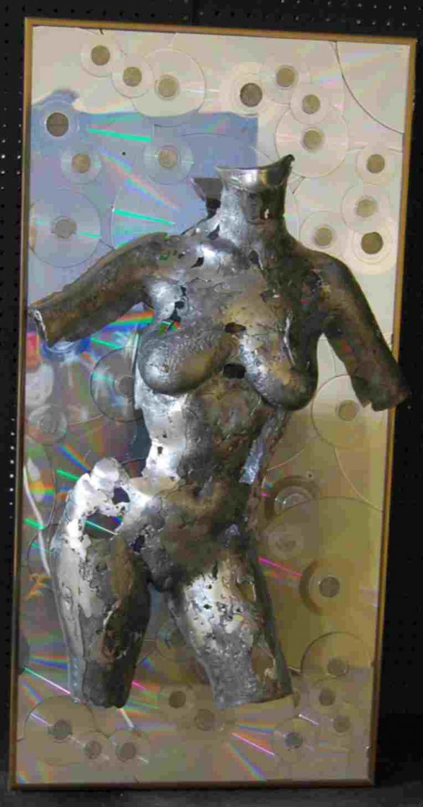 Nude Pewter Torso Sculpture signed Brandon: Entitled 'Artist on Record' and dated 2-14-94.Measurements are: 27 inches wide 34 inches tall and art itself is 8 inches deep. Frame is 28 inches by 48 inches.