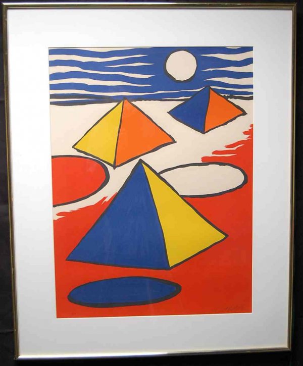 Alexander Calder Pyramids Lithograph: This lithograph is marked EA which were pulled Especially for the Artist to use at his discretion and were not counted when numbering lithographs during the process. Alexander Calder (1898-1976), whos