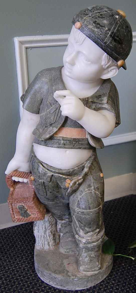 Wonderful Marble Statue of Small Boy with Basket: 32 inches tall and 12 inches wide at widest point, base is 10 inches in diameter