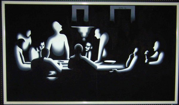 Mark Kostabi Artwork Painting: American artist born in 1960 and works an art factory studio in New York.This work is dated 1989 and titled 'On or Before Jan 1 1989Measurements are: 84 inches wide and 47 inches tall, add 1.5 inches