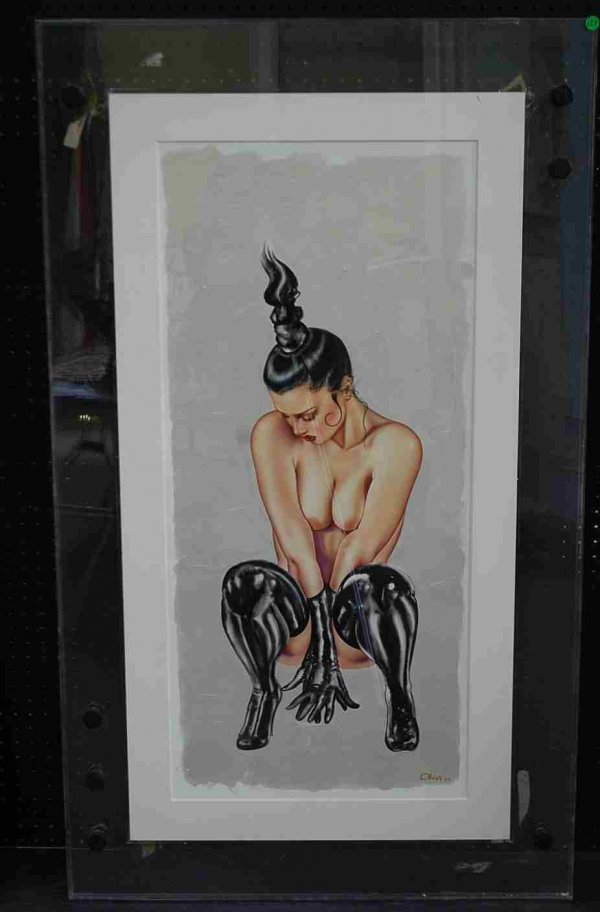 Original Olivia De Berardinis Pinup Painting: Original artwork by premier pinup artist Olivia De Berardinis. This is one of a set of three we are listing in this catalog. Each is framed industrial style in the Lucite with massive bolts. measureme