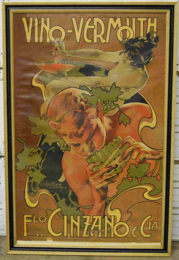 Vintage Italian Poster - Vino Vermouth Hohenstien: Nice colors with the maiden crushing grapes. Professionally framed, age unknown, color loss at crease indicates some age to us -Please See Condition Report!!This and many of the original works of art