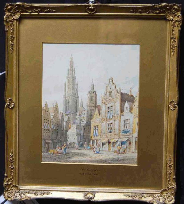 Henry Thomas Schafer Watercolor of Antwerp: Listed artist(1854-1915)with sales up to 24,000usd.Measures 8 inches by 10 inches tall, add 3 inches for frame and matting.