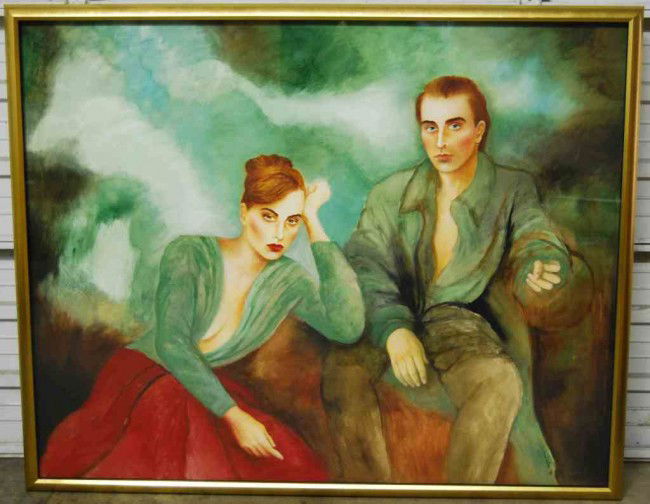 Joanna Zjawinska Large WaterColor Painting: Entitled 'I Guess I'll Tease Him Gently' and measures 58 inches wide and 47 inches tall with a 2 inch frame.From Ask Art: Joanna Zjawinska was born in Poland where she began to paint at the early age