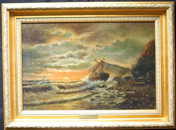 Mead Schaeffer Oil on Canvas Ship Painting: Listed American artist 1898-1979 signed in verified monogram lower left, with documented sales up to $22,000 USD, 24"w, 16"tall plus 3"frame
