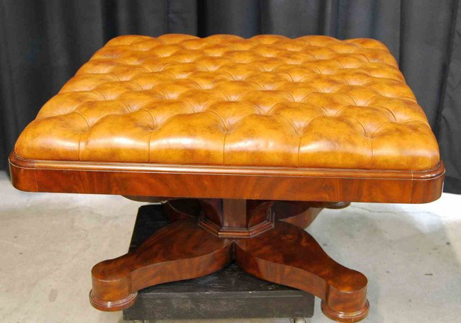 Maitland Smith Tufted Leather Bench: Tobacco color leather on mahogany base, 44"square. 25"tall