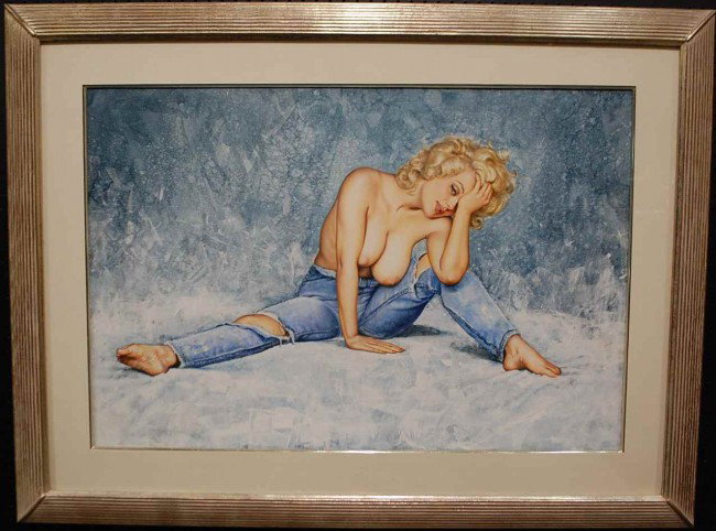 Olivia De Berardinis Pin Up Art: Entitled "Honey Do", signed lower left, dated 1999, 39"w, 26"tall, plus 6"frame and mat. Should be of model Rhonda Ridley. Listed artist b.1948 with auction records up to $12,000usd. Olivia has been t