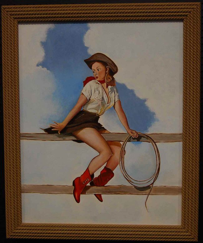 Esquire Pin Up Oil on Canvas Attrb to Gil Elvgren: Cowgirl on fence with rope frame, 24"w, 30"tall, plus 3"frame.Listed American Artist with original artwork sales up to $110,000usd. Gil Elvgren (1914-1980) Born in St. Paul, Minnesota, Gillette A. Elv