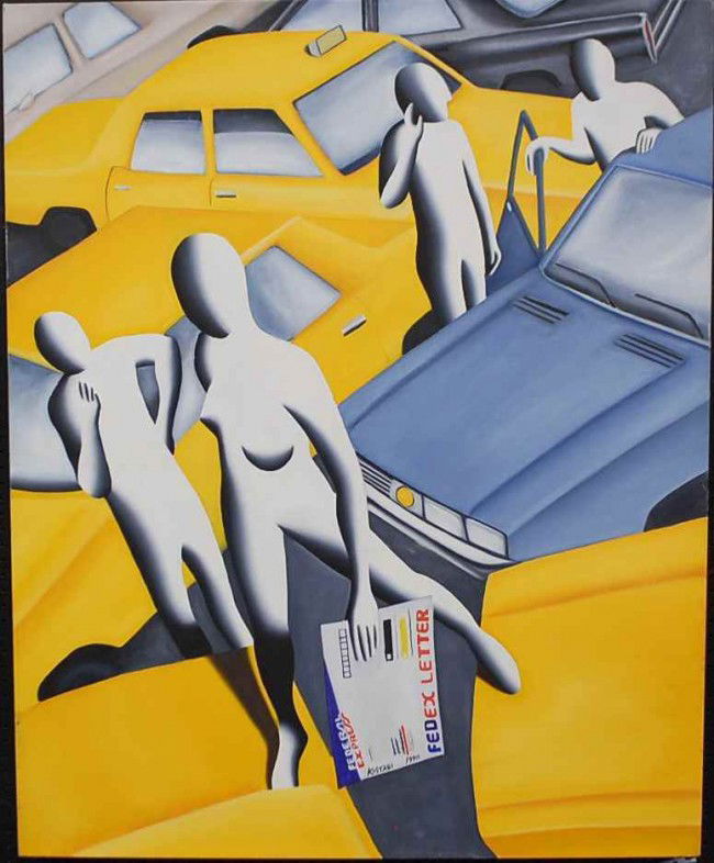 Mark Kostabi Painting on Canvas: Fed x letter entitled "The Need for Speed" dated 1990, this 44"w, 54" tall painting is quite colorful for a Kostabi work.This painting is signed in the letter and en verso.