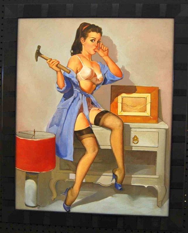 Vintage Esquire Mad Men Pinup O/C Painting: Looks like Little Miss Fix-it got a boo-boo.Measures 24 inches wide nd 30 inches tall, add 2 for the frame.Attributed to classic artist Gil Elvgren, this painting comes from a series of pinups we rece