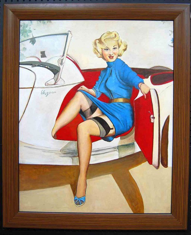 Gil Elvgren Signed Original Pinup Oil Painting: Voluptuous blonde getting out of her little Morgan.Signature is on hood of car.Listed American Artist with original artwork sales up to $110,000usd. Nice Car!Measures 24 inches wide and 30 inches tall