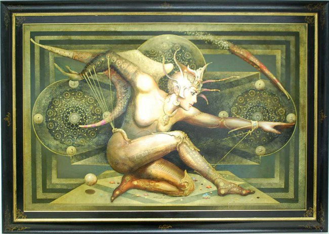 Giampaolo Bianchi Exotic Warrior Princess Oil on C: 58"w, 38"tall, plus 5"frame, signed in middle