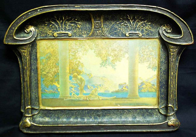 Maxfield Parrish Daybreak on Panel: Original gilt frame with label on reverse, Garing 4935 Broadway Chicago Ill. 16"w, 10.5"tall including frame
