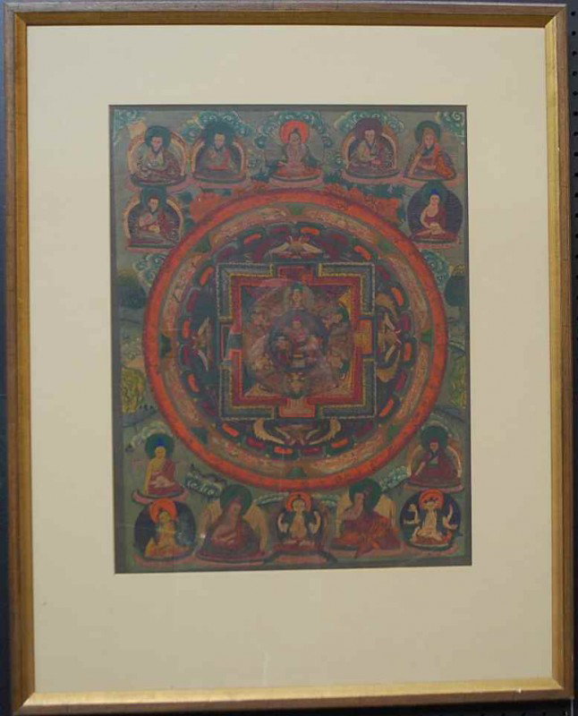 Avalokiteshvara Mandala Thangka Handmade Painting: Unusual Nepal/Tibet art, attached provenance states that this is hand drawn on cotton canvas using mineral and vegetable pigments with 24k pure gold. 17"w, 22"tall plus 5"frame and mat
