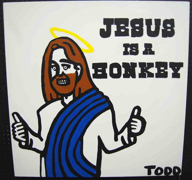 Todd Goldman 'Jesus is a Honky' Acrylic on Canvas: Measures 30 inches wide and 30 inches tall, Signed lower right and en verso - Todd 171. Gallery priced at $4250.00. About the artist from Wikipedia: Todd Harris Goldman is an American entrepreneur and