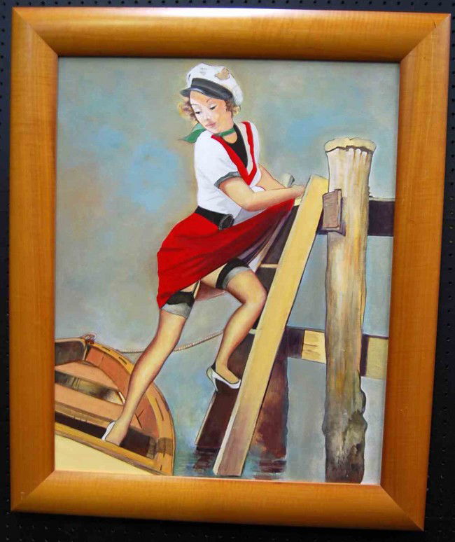 Sailor Girl Original PinUp O/C attrib Gil Elvgren: This painting comes from a series of pinups we received where only two paintings had his signature.This painting measures 24 inches wide and 29 inches tall, add 4.5 inches for outside measurements.Gil