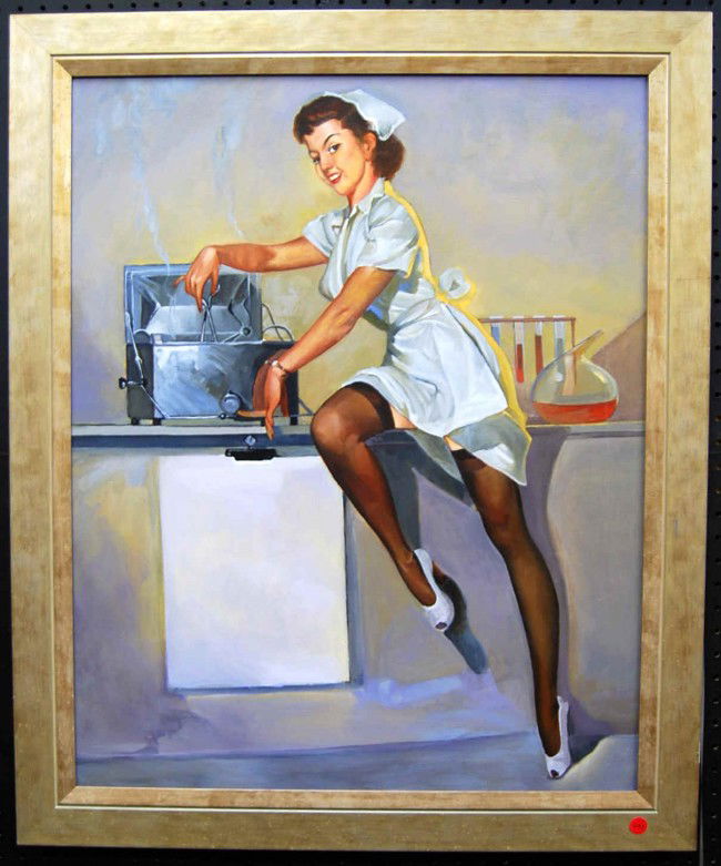 Sexy Lab Assistant PinUp O/C attrib Gil Elvgren: This painting comes from a series of pinups we received where only two paintings had his signature. Gil Elvgren (1914-1980) is listed American artist with original artwork sales up to $110,000usd.This