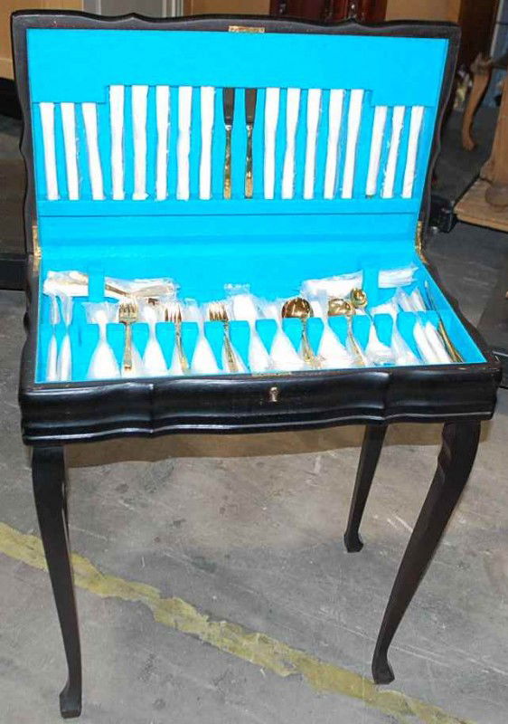 Queen Anne 23k gold wash Flatware Cabinet: Filled with 23k gold plated flatware most of which is still in the paper wraps, 26"w, 15"d, 28"tall