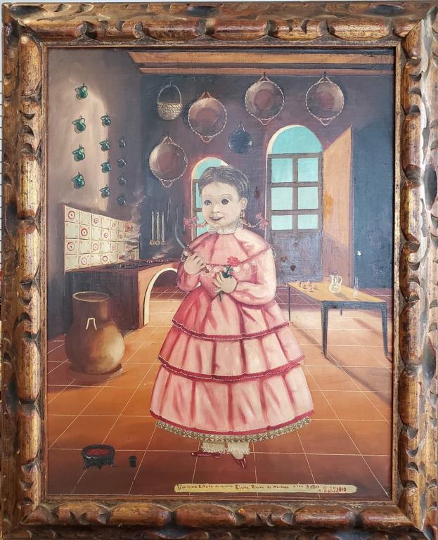 Agapito Labios Original Mexican Folk Art: Fantastic Mexican folk art painting of Elviva Bincon de Mendaia by renowned folk artist Agapito Labios. A cute and happy Mexican girl in her beautiful pink dress. Agapito Labios (1898 - 1996) was acti
