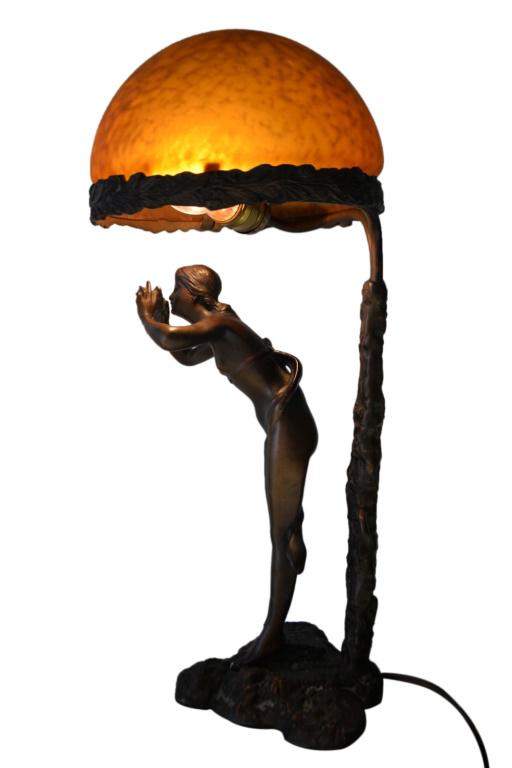 RARE Schmidt-Kestner Art Deco Nude Lamp: A rare German Art Deco nude lamp in bronze signed by Erich Schmidt-Kestner with warm and vibrant original art glass shade.. c1920. Signed S-Kestner fec. We can't even find another online anywhere. Lam