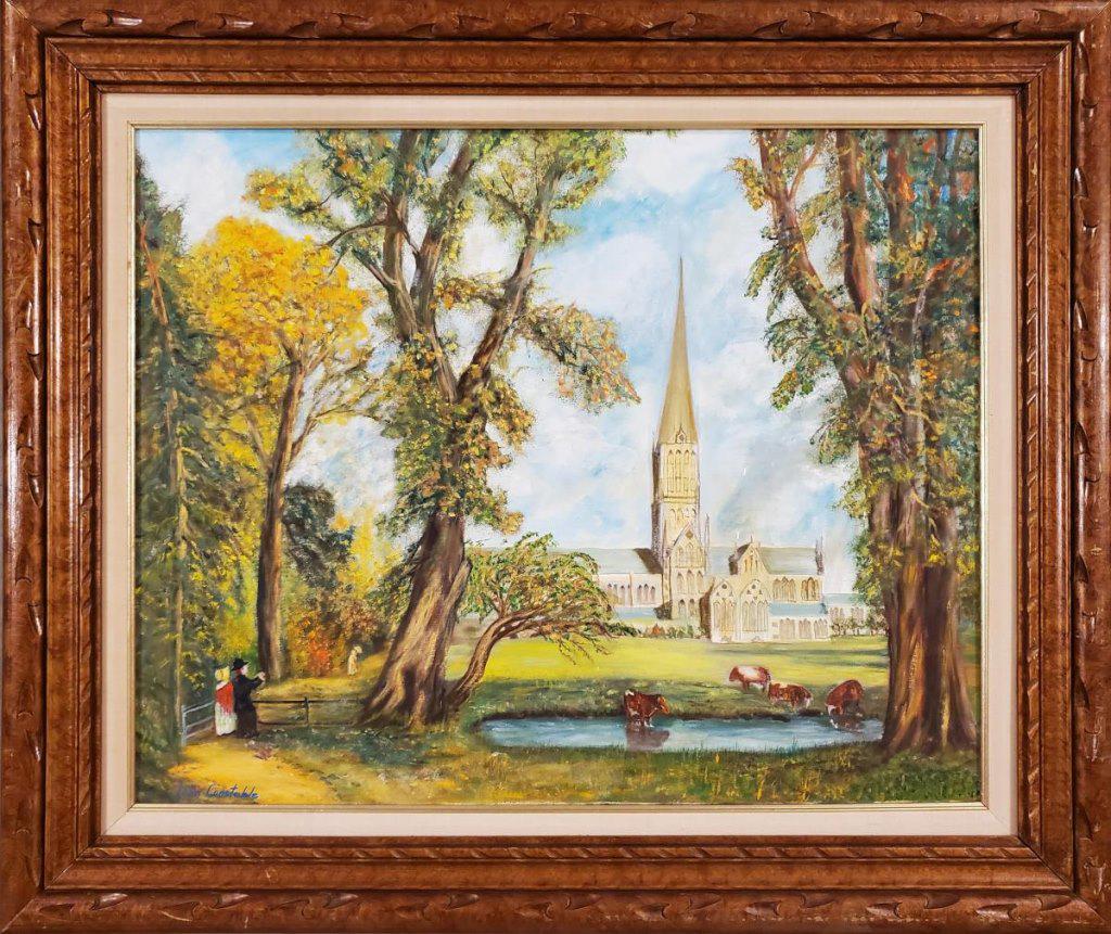 Original in the Manner of John Constable: Lovely country landscape scene of cattle around a pond with Salisbury church in the background. Very warm and welcoming to view and a wonderful example of Constable's romanticism style. This is an ori