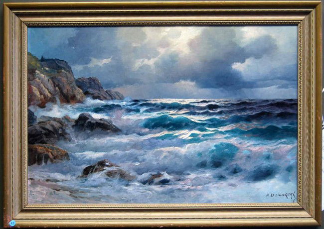 Alexander Dzigurski O/B Ocean Breakers: Listed artist, born in Yugoslavia 1911-1995) with original art sales up to $7,500usd.Measures 35 inches wide and 23 inches tall, add 3 inches for the frame.From artprice: He traveled widely in the U.S