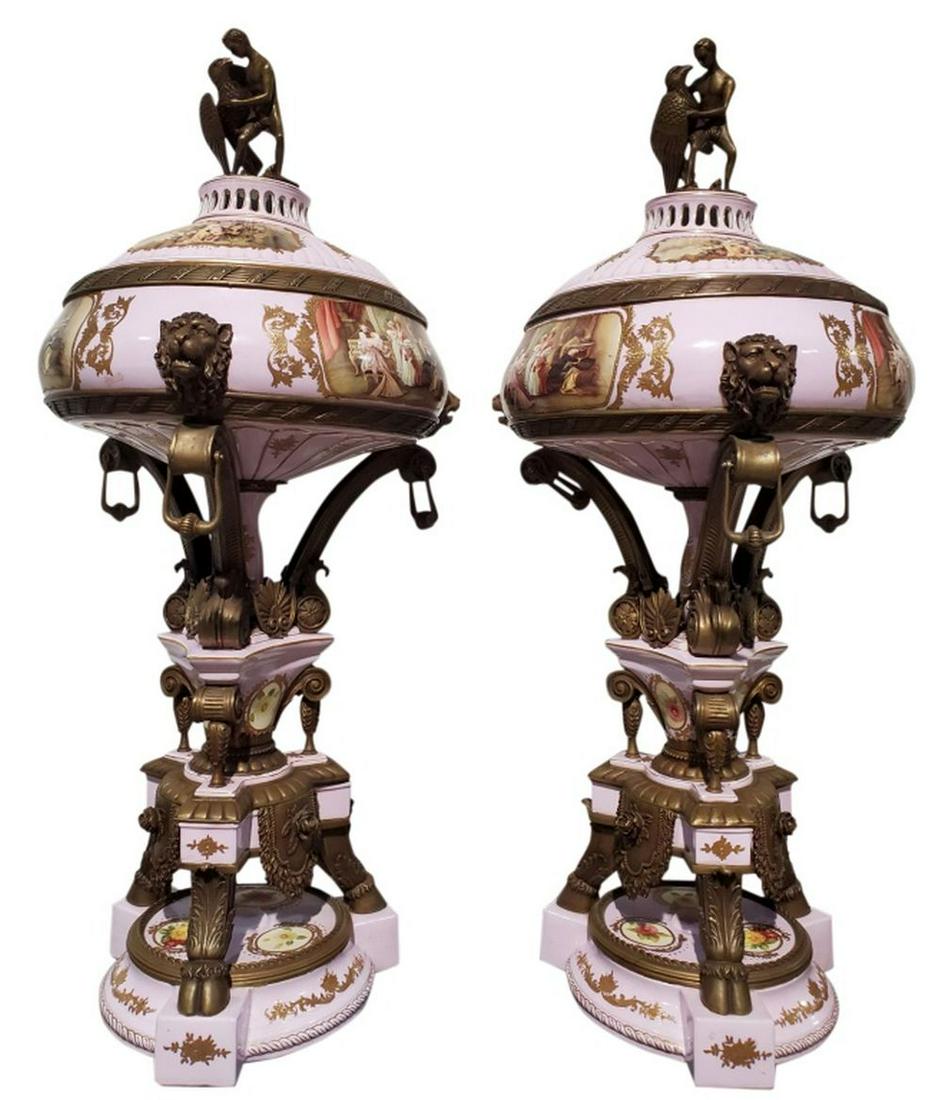 Pair Sevres Style Bronze & Porcelain Cassolettes 46"H (1 of 7)