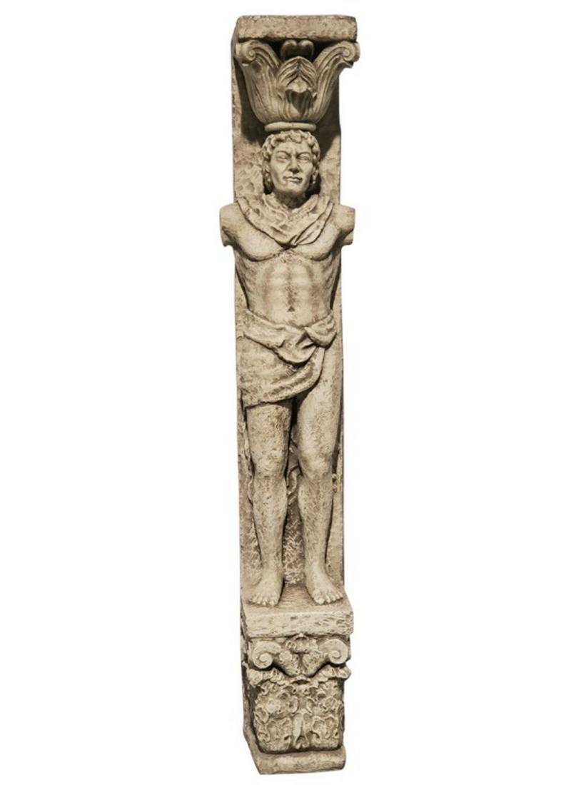 Figural Column Movie Prop 70"H: Fantastic man figure column. This is a movie prop and is made of composite. Solid but pretty lightweight overall. Probably 50 lbs. 70H x 13W x 12D inches. In good, solid condition. Please view all pic