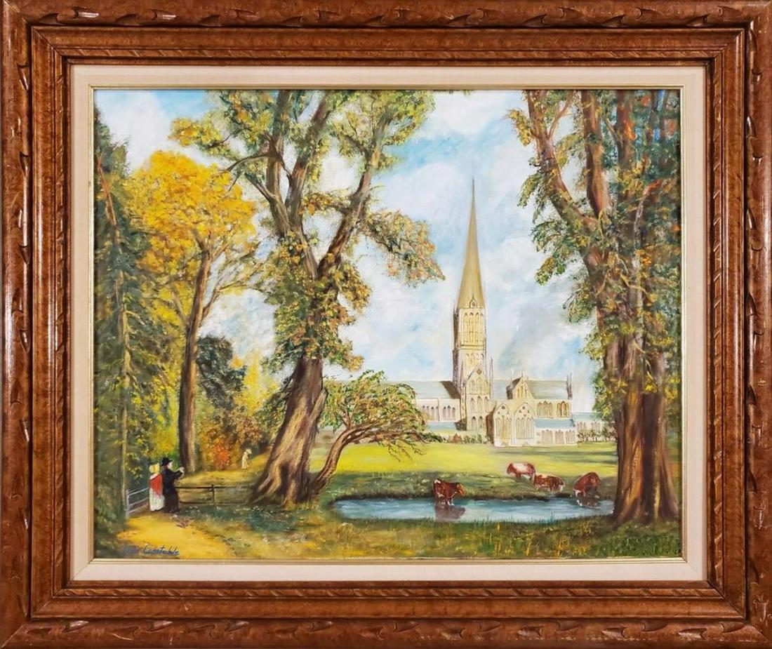 Original in the Manner of John Constable: Lovely country landscape scene of cattle around a pond with Salisbury church in the background. Very warm and welcoming to view and a wonderful example of Constable's romanticism style. This is an ori