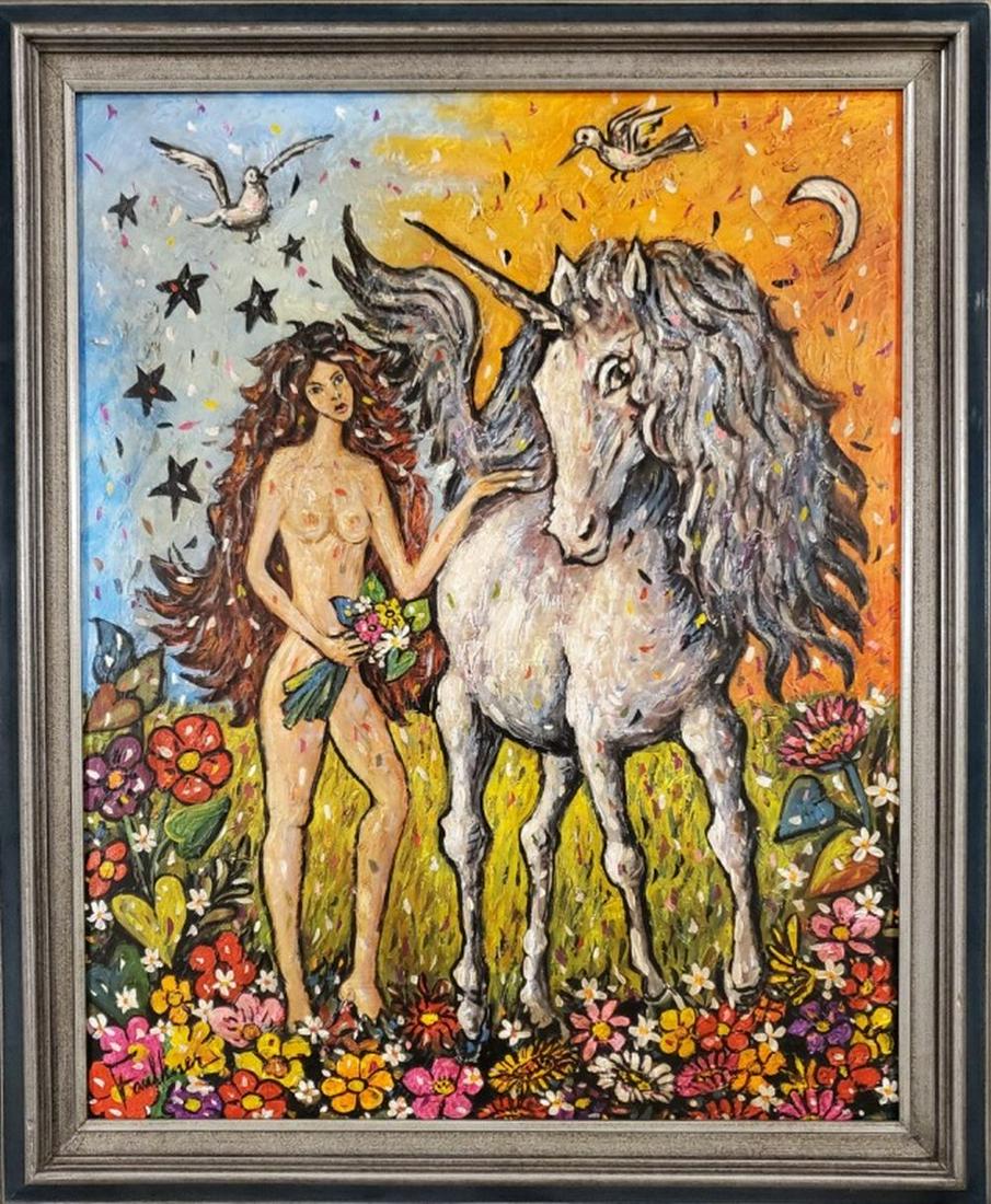 Original Nude in the Manner of Henry Faulkner COA: Outrageous fun and color with this super lively painting with a lovely young maiden leading her Unicorn! This original painting is in the manner of and attributed to Henry L. Faulkner. We base this at