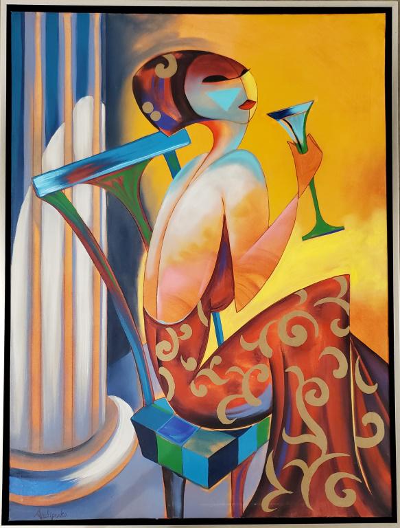 Original in Manner of Alexander Archipenko 36 x 48: Large, Brilliant and colorful this elegant gal wining in style with a great touch of cubism style. This magnificent piece is an original painting, hand signed, and in the manner of the famous Alexande