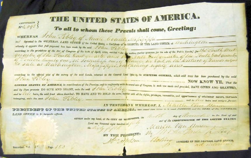 PRESIDENT MARTIN VAN BUREN LAND GRANT 1840: AMITE MISSISSIPPI LAND GRANT TO JOHN LIBBY IN 1840