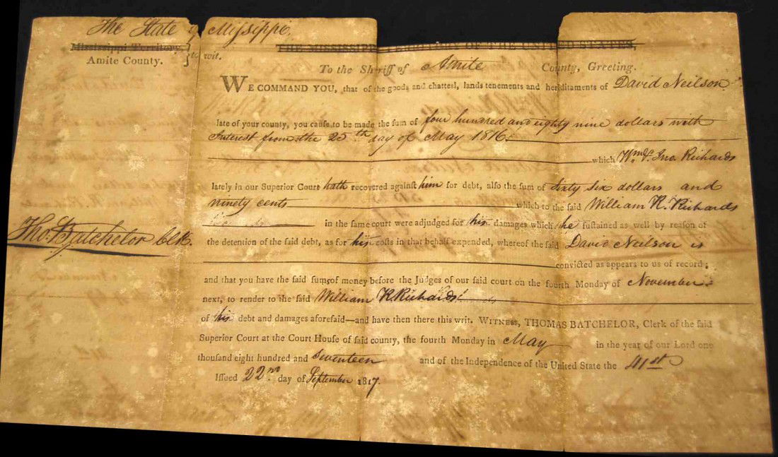AMITE MISSISSIPPI SHERIFF'S ORDER 1819: WM R RICHARDS vs DAVID NEILSON LAW SUIT SIGNED BY THOMAS BATCHELOR