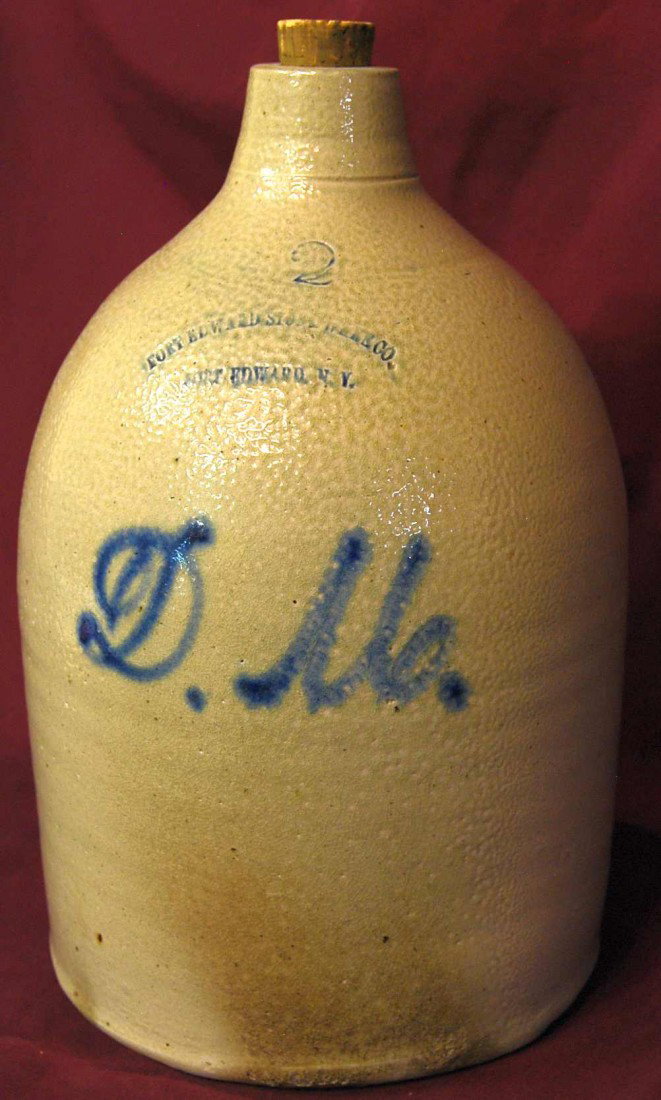 FORT EDWARD NEW YORK BLUE MARK JUG: BLUE MARK D. M., ALSO INCISED MARKS OF FORT EDWARD, 9"DIAMETER, 14"TALL