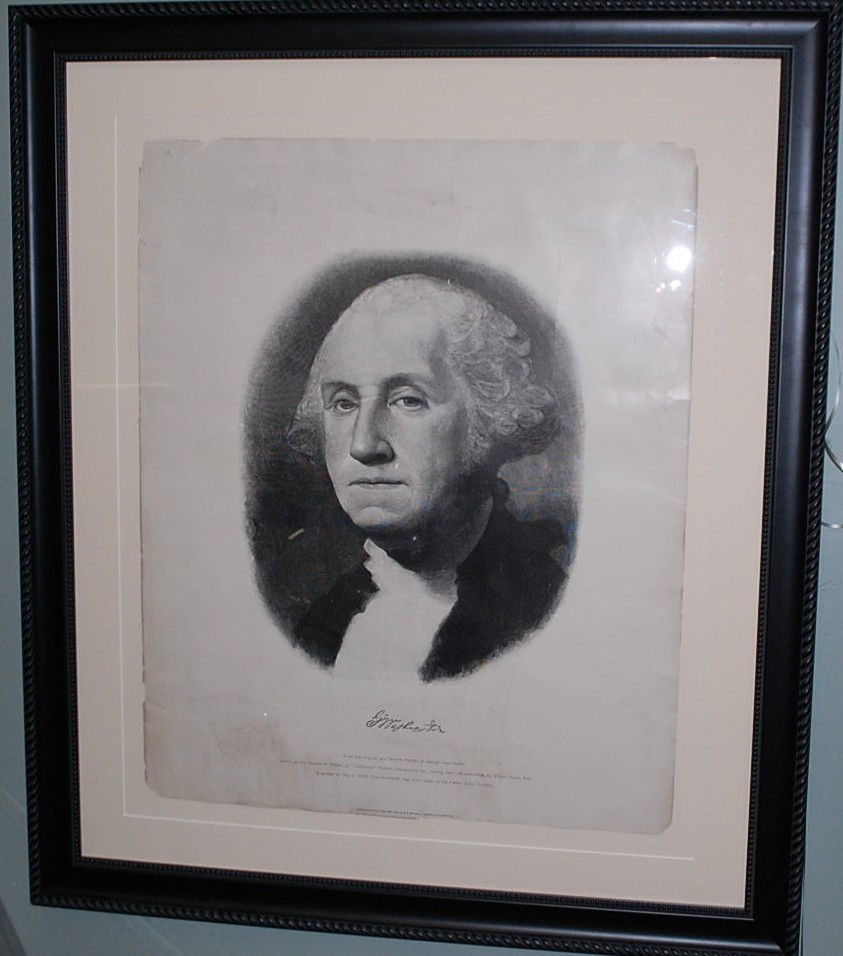 GEORGE WASHINGTON ENGRAVING 1899: FROM THE GEORGE WASHINGTON PAINTING KNOWN AS "THE ATHENAEUM" BY GILBERT STUART ENGRAVED IN 1899, 36"W, 41"TALL IN FRAME