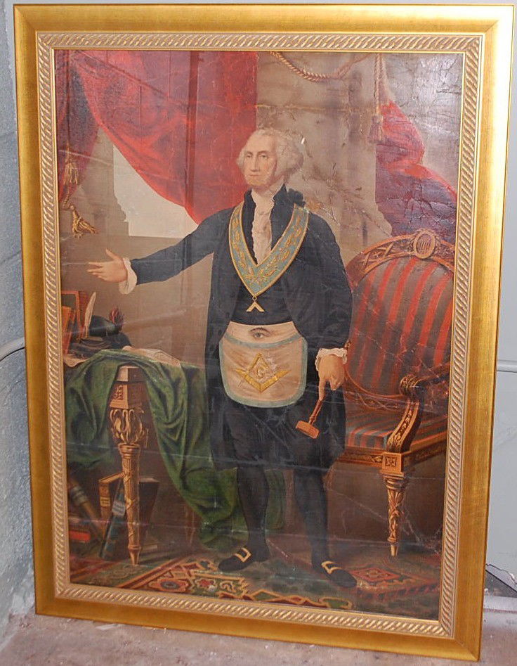 LARGE GEORGE WASHINGTON CHROMOLITHOGRAPH: RARE FORMAT OF "THE lANDSDOWN PORTRAIT" BY GILBERT STUART WITH THE EXCEPTION OF GEORGE IS WEARING HIS MASON REGALIA CA 1830-1850 POSSIBLY FROM A MASON TEMPLE. SMITHSONIAN CURATOR VIEWED THIS ITEM AND