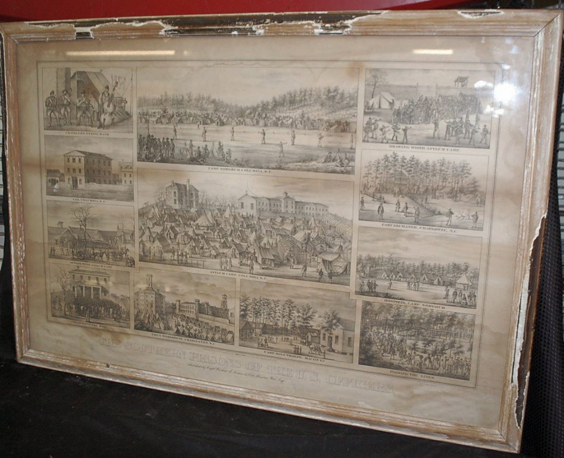 SOUTHERN PRISONS OF US OFFICERS LITHOGRAPH: 1865 ROBERT J FISHER LITHO, 39"W, 26"TALL FRAMED