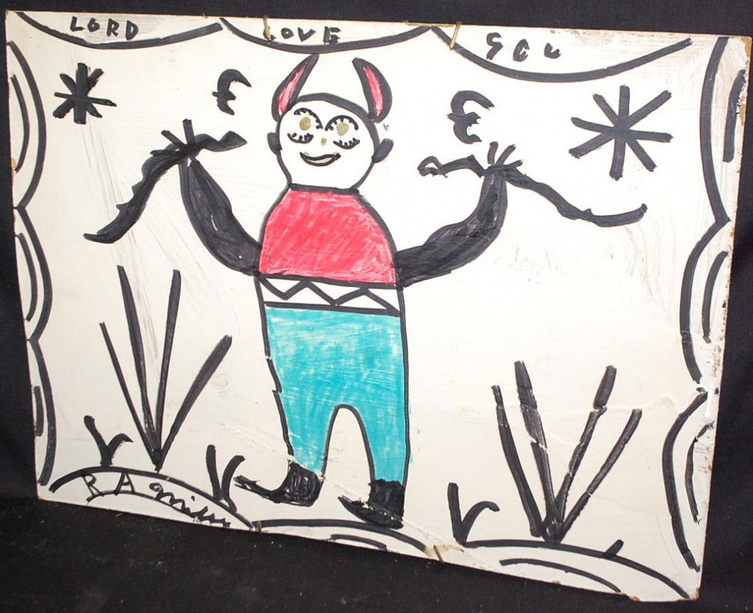 R. A. MILLER FOLK ART DEVIL PAINTING: SIGNED LOWER LEFT, 16"W, 12"TALL