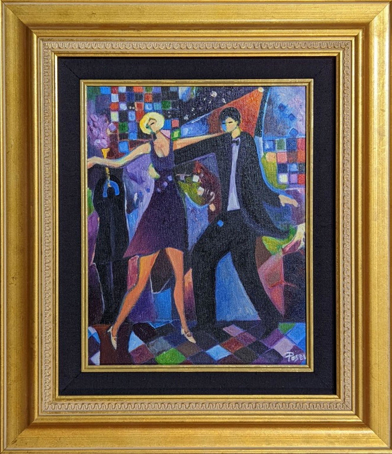 Marvin Chico Posey Original "Dancers" 10 x 8": Colorful and exciting original painting by the famous Marvin Chico Posey. Title: Dancers. Medium: Acrylic on canvas board. Image Size: 10 x 8 in.. Frame size: 16 x 14 in. Signature: lower right. Circa