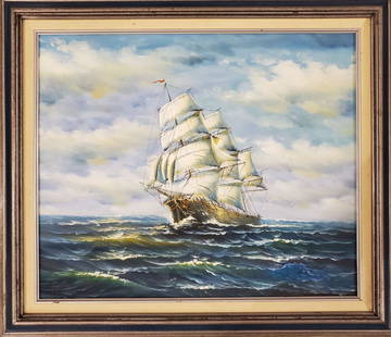 Original in the Manner of Montague Dawson 20 x 24: Fabulous, with sails fully inflated this schooner in full motion on the high seas! This original painting is in the manner of and attributed to Montague Dawson. We base this attribution on the