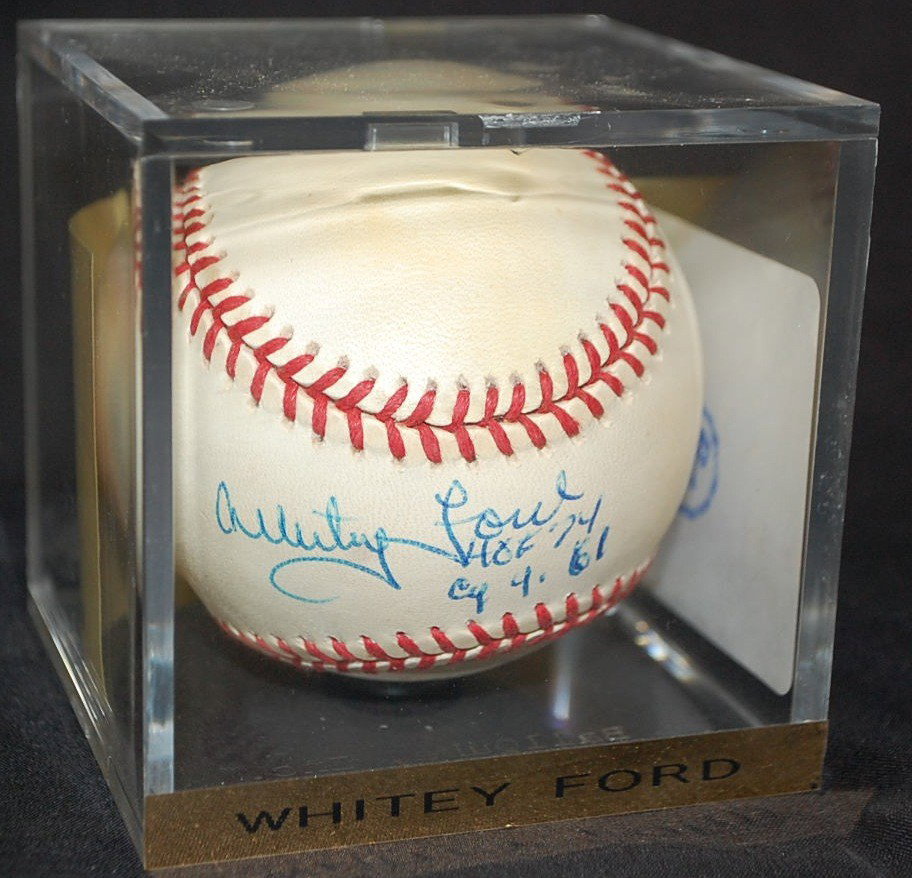 WHITEY FORD AUTOGRAPHED BASEBALL: HOF 74, CY 61, WITH COA TICKET FROM B P SPORTS ENT. OCT 23 1993