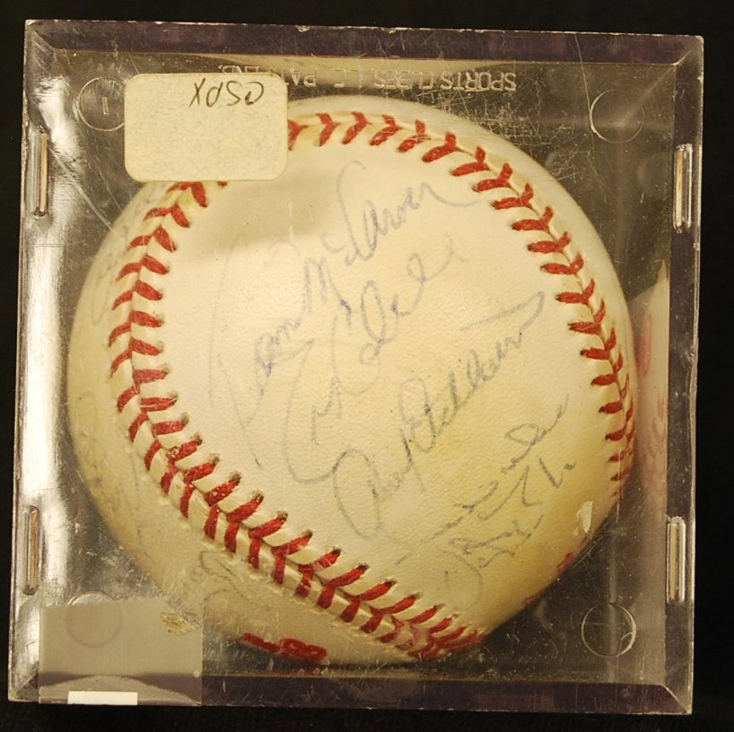 WORLD SERIES BALL SIGNED BY A VARIETY OF PLAYERS: SLAUGHTER, WEAVER, MAZEROSKI, OLIVA, SPENSER, PORTER, PHIL NIEKRO, J. NIEKRO AND 8 OTHER PLAYERS
