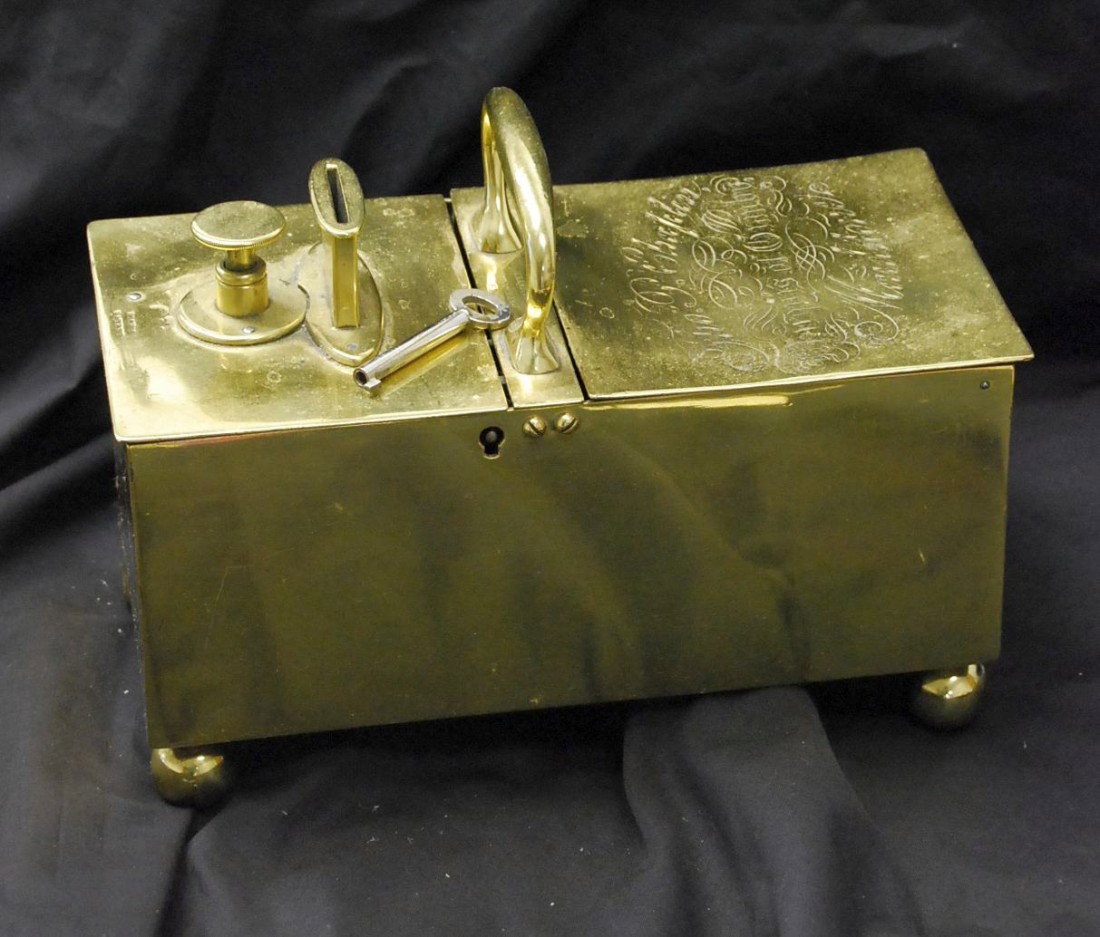 ANTIQUE COIN OPERATED TOBACCO HONOR BOX - RARE: BEAUTIFULLY ENGRAVED AND COMPLETE WITH WORKING KEY AND COIN